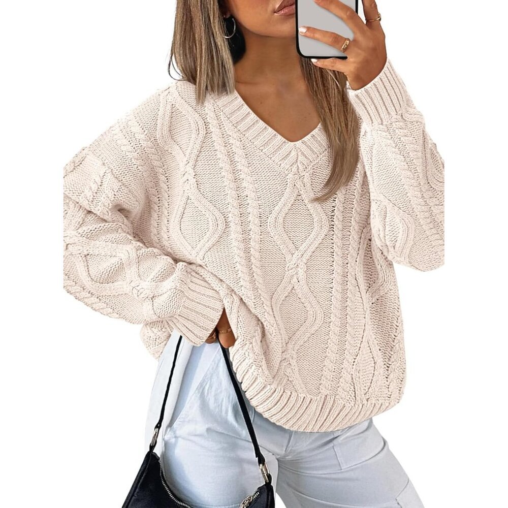 Oversized Cable Knit Sweater Cotton Blend V-Neck Fall Winter Cozy Pullover